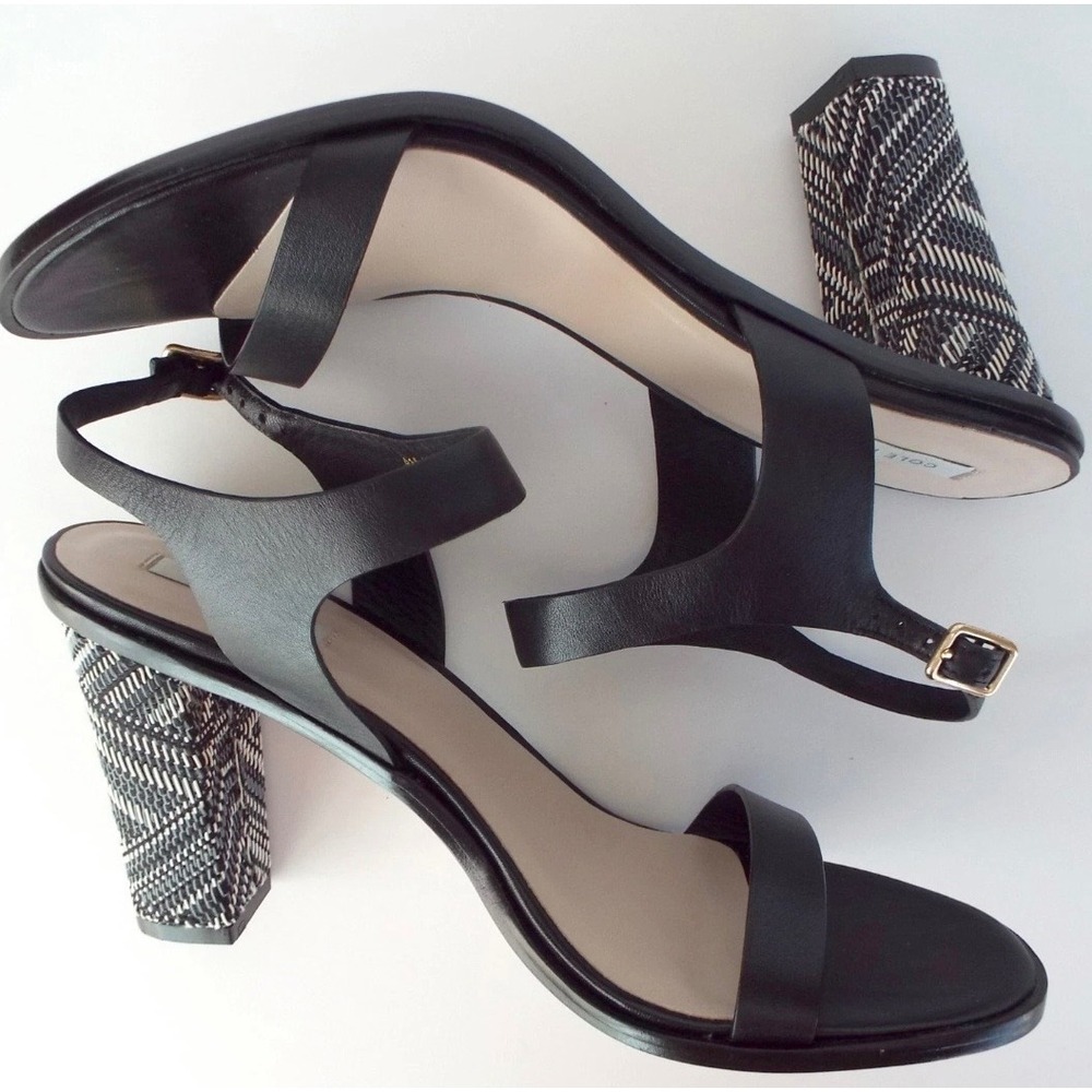Cole Haan Grand.OS‎ Womens Black Leather Woven Block Heel Sandals 6.5B W04398
